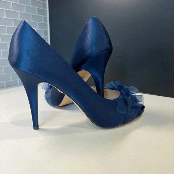 Worn Navy Satin Open Toe Heels Size 10 - Picture 2 of 16